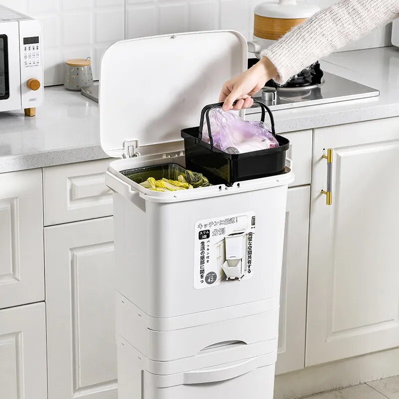 42L 2 Layer Wet Dry Sorted Kitchen Trash Can Moveble Recycle Waste Bin Trash Bin Dustbin Garbage Rubbish Bin Storage Bucket