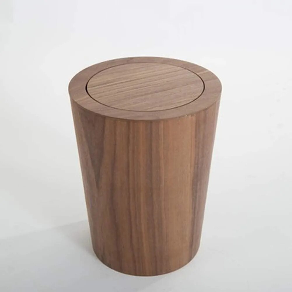 9L Garbage Can With Lid Waste Bins Solid Wood Wastebasket Home Cleaning Tools Round Trash Can Swing Cover Office Storage Baskets