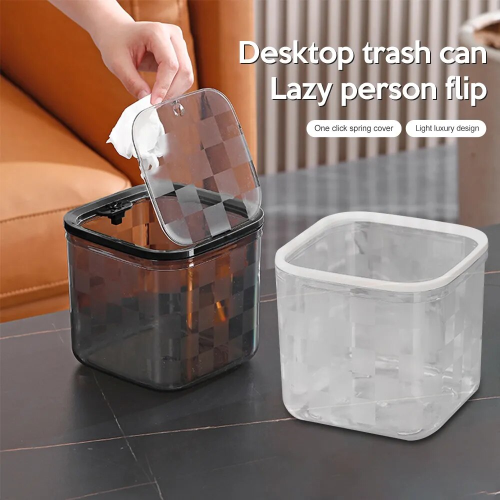 Light Luxury Mini Transparent Desktop Bin INS Small Trash Can with Cover Bedroom Trash Garbage Can with Lid Desk Storage Box New