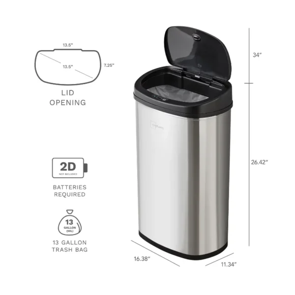 Mainstays 50L Motion Sensor Stainless Steel Garbage Can Smart Kitchen Trash Can 5