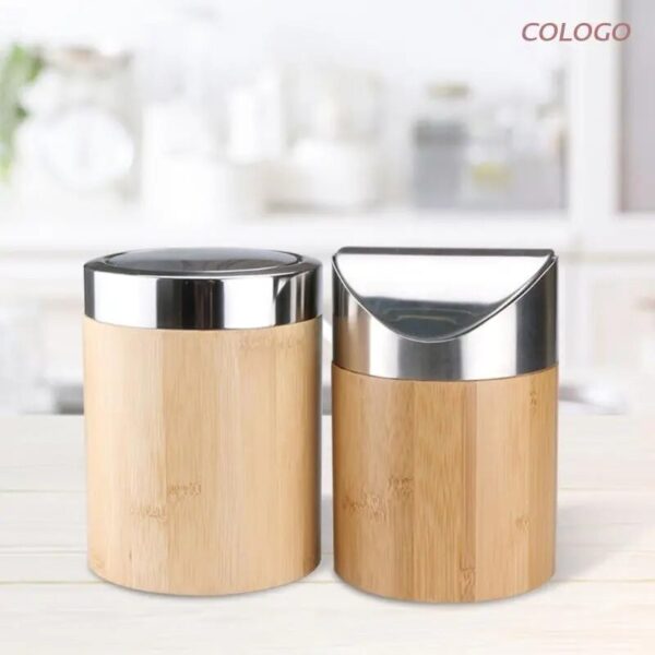 Mini Bamboo Desktop Trash Can Small Flip Lid Home Bathroom Countertop Garbage D0LD 1