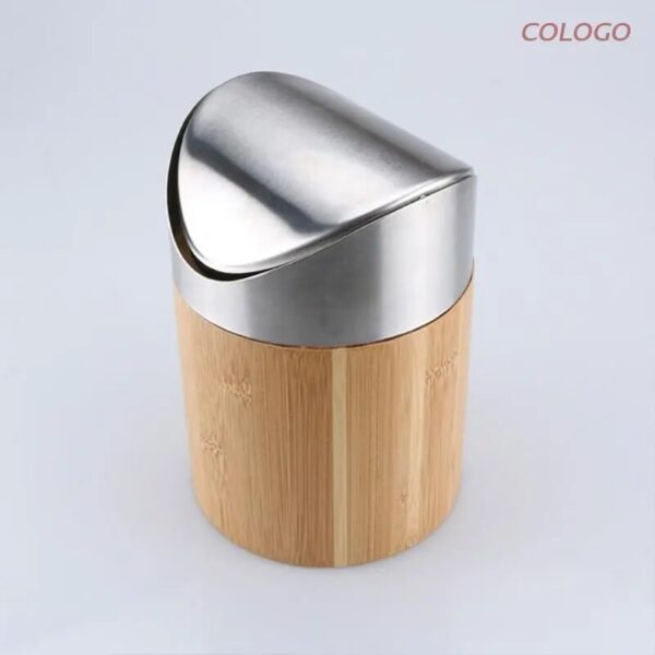 Mini Bamboo Desktop Trash Can Small Flip Lid Home Bathroom Countertop Garbage D0LD 2