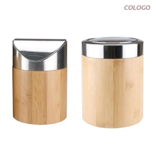 Mini Bamboo Desktop Trash Can Small Flip Lid Home Bathroom Countertop Garbage D0LD