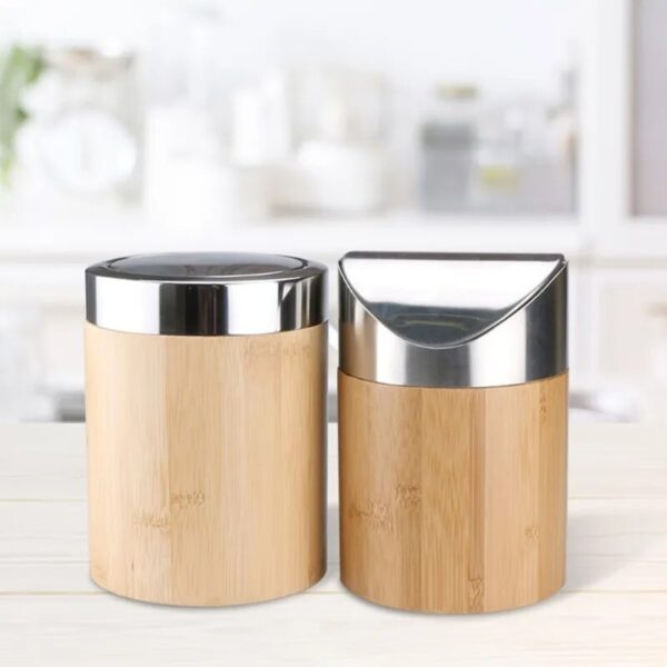 Mini Bamboo Desktop Trash Can with Lid Flip Cover Garbage Storage for Home Bedroom Office Waste 3