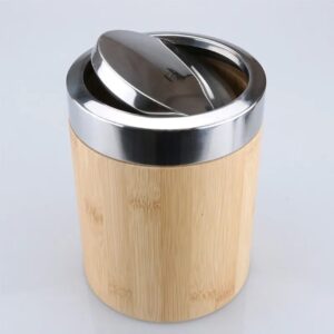 Mini Bamboo Desktop Trash Can with Lid Flip Cover Garbage Storage for Home Bedroom Office Waste