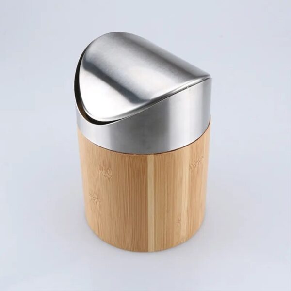 Mini Bamboo Desktop Trash Can with Lid Flip Cover Garbage Storage for Home Bedroom Office Waste 4