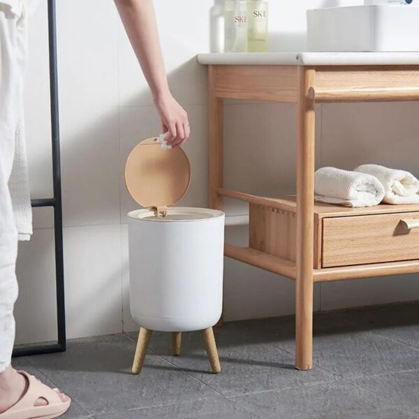 Trash Can Bathroom Garbage Can Wooden Grain Foot Waste Bin Kitchen Living Room Dustbin with Press 1