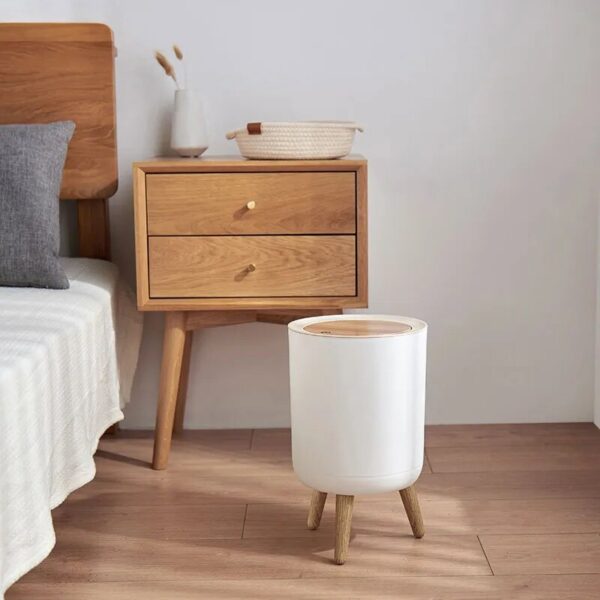 Trash Can Bathroom Garbage Can Wooden Grain Foot Waste Bin Kitchen Living Room Dustbin with Press 2