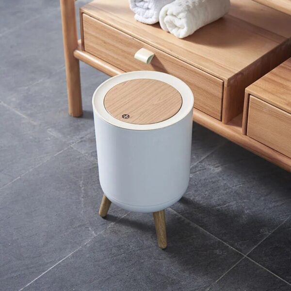 Trash Can Bathroom Garbage Can Wooden Grain Foot Waste Bin Kitchen Living Room Dustbin with Press 4