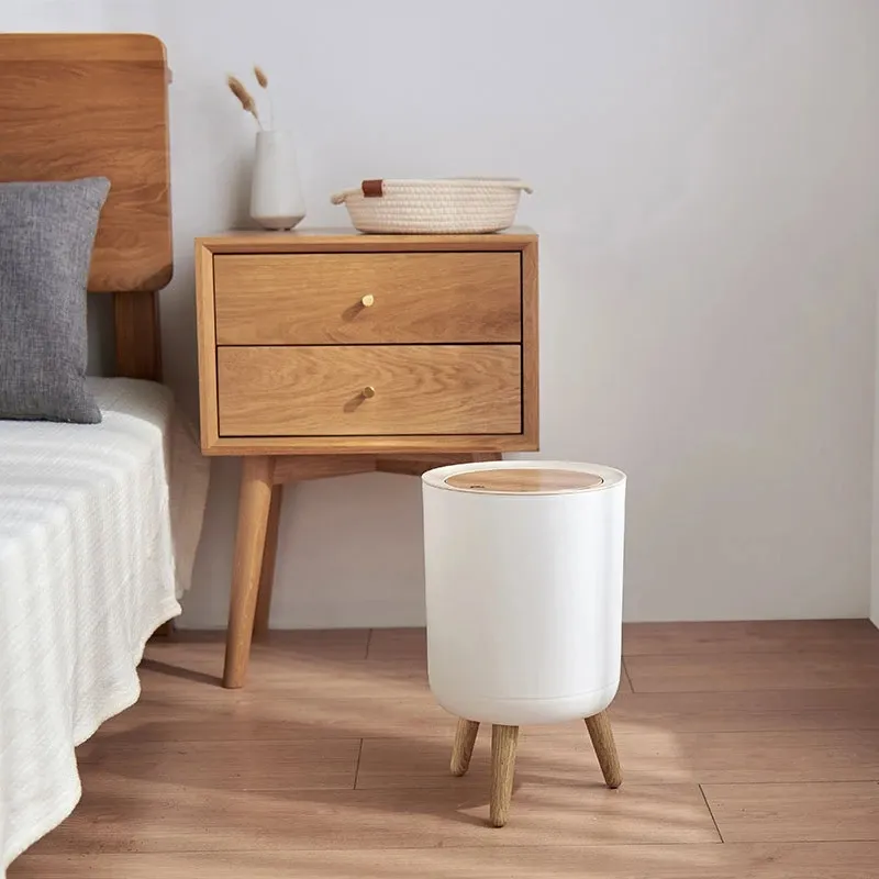 Trash Can with Lid High Foot Press Dustbin Kitchen Garbage Container Toilet Garbage Can Press Cover Wooden Grain Foot Waste Bin