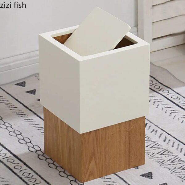 Wooden Square Rectangular Trash Can Swing Cover Waste Bins Wastebasket Garbage Bin Home Kitchen Trash Can 2