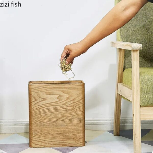 Wooden Square Rectangular Trash Can Swing Cover Waste Bins Wastebasket Garbage Bin Home Kitchen Trash Can 4