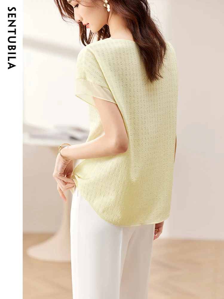 Sentubila Patchwork O-neck Chiffon Shirt