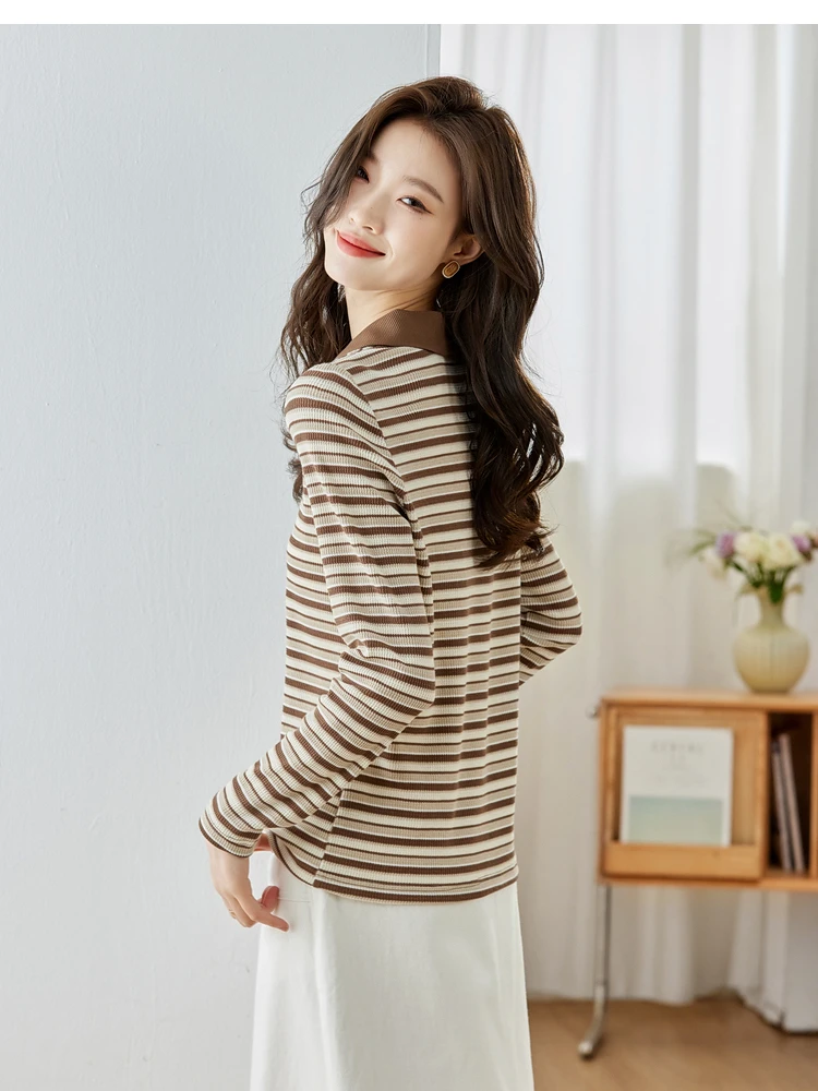 Vimly Brown Striped V-Neck Knitted Tee