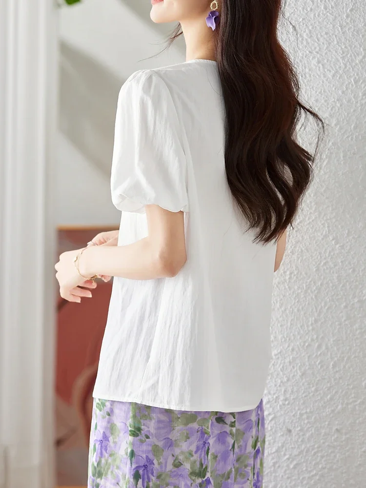 Vimly Short Puff Sleeve Thin Chiffon Top