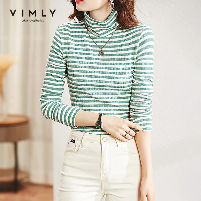 VIMLY Green Striped Turtleneck Top